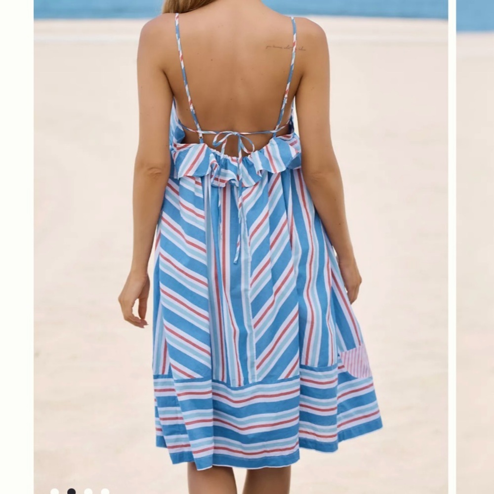 CELANDINE Anthropologie Sleeveless Knee Length Stripe Ruffle Dress M preppy NWT - Picture 2 of 10